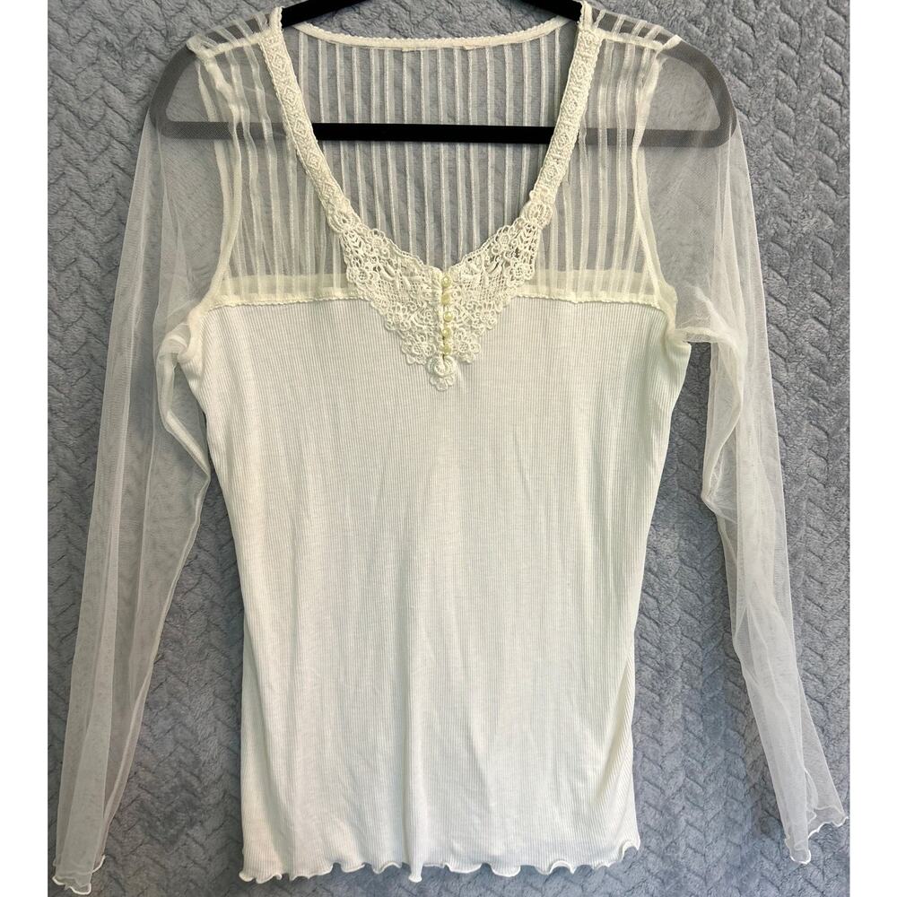 Denim & Supply Ralph Lauren Cream Sheer Lace Yoke Long Sleeve Top